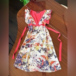 Roberto Cavalli Silk Flutter Sleeve Dress Floral Birds Motiff